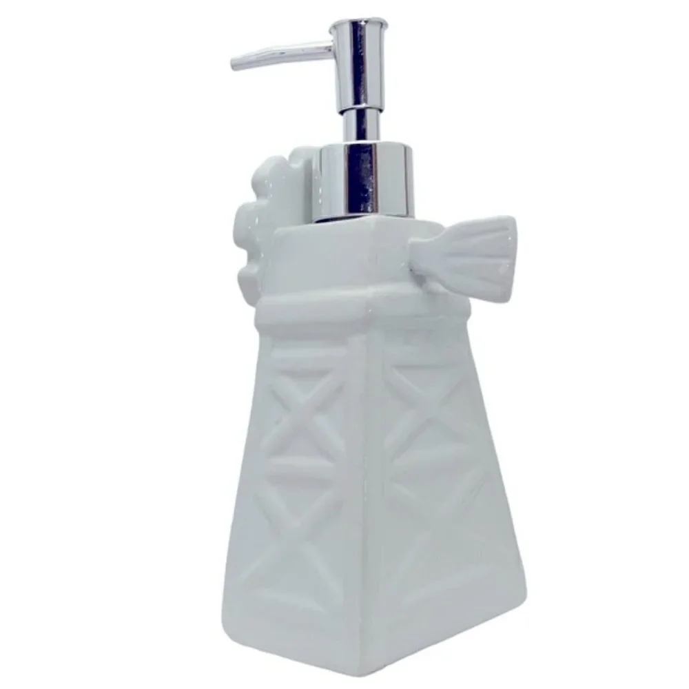 Farmhouse Windmill Soap Dispenser Lotion Pump Dispenser Ceramic White Silver